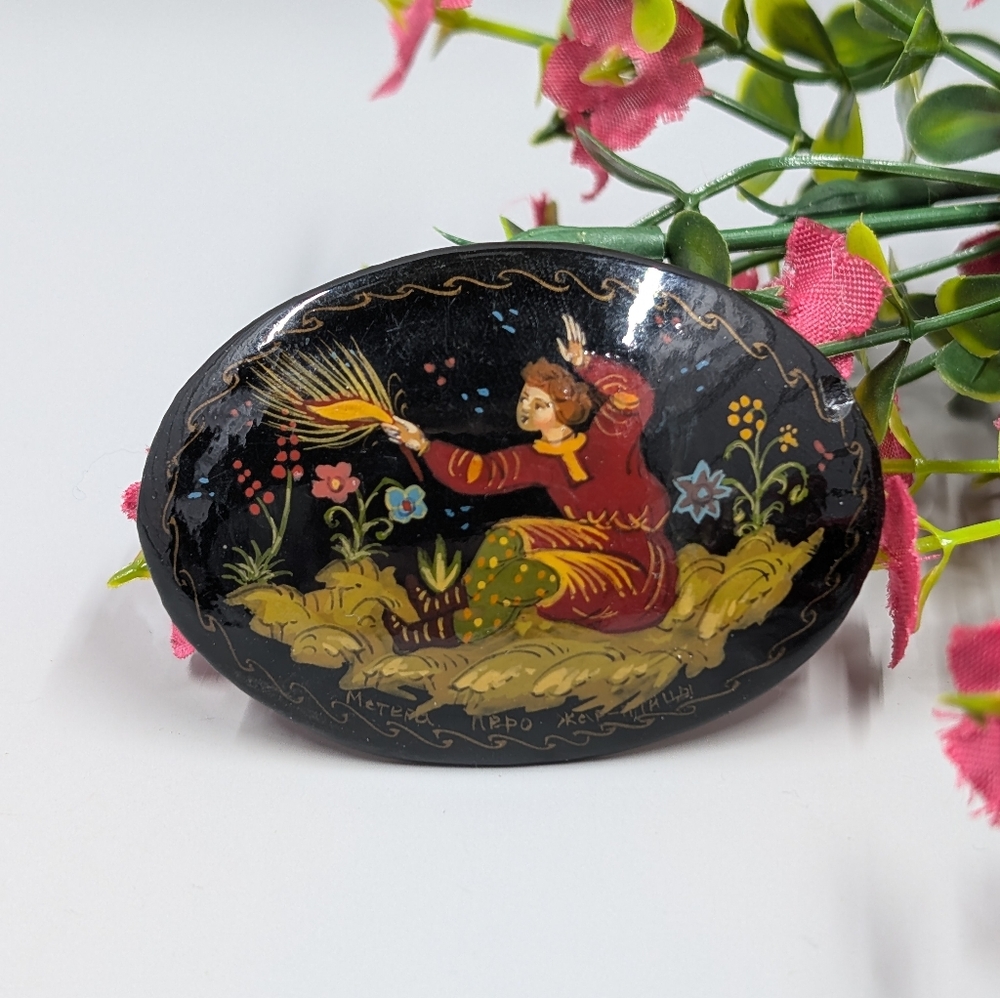 Hand Painted Vintage Russian Man Protecting Flowers Brooch